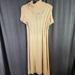 Rabbit Rabbit Design Tan Beige Cable Knit Cowl Neck Short Sleeve Sweater Dress M